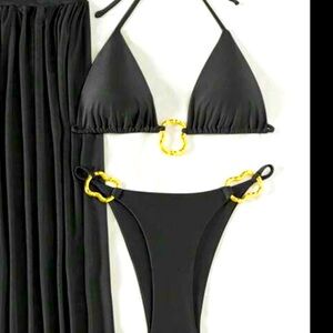 New Black & Gold Triangle Padded Top & High Waist Cheeky Bottoms Bikini Set S